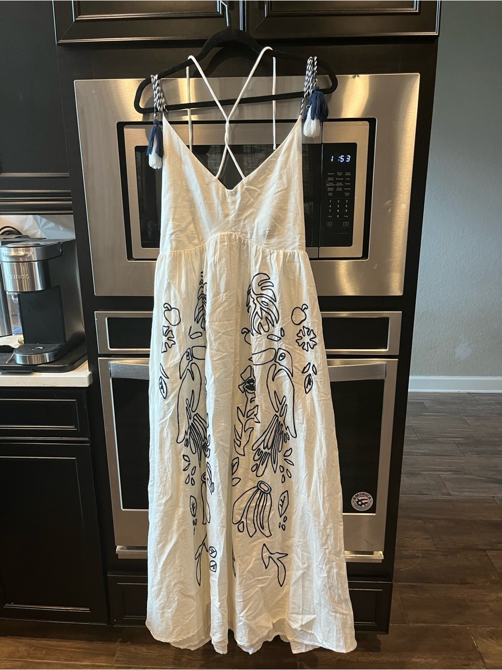 Anthropologie FARM RIO White Linen Embroidered Maxi Dress with Navy Tassel Strap
